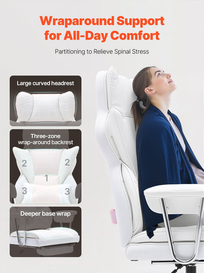 Verstellbarer Bürostuhl mit Fußstütze, strapazierfähiger Bürostuhl aus PU-Leder, breiter Bürostuhl, Chefsessel für große und schwere Personen mit Lendenwirbelstütze, stabiles Metallgestell, leise Rollen, Weiß