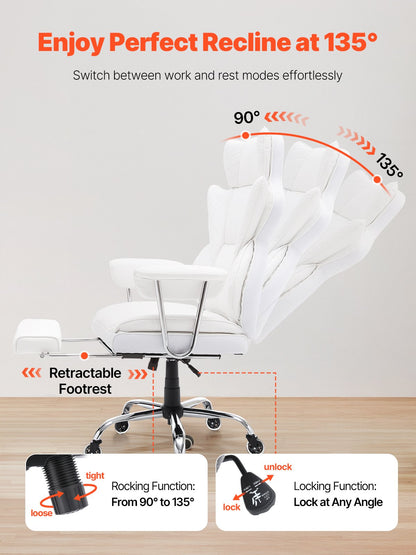 Verstellbarer Bürostuhl mit Fußstütze, strapazierfähiger Bürostuhl aus PU-Leder, breiter Bürostuhl, Chefsessel für große und schwere Personen mit Lendenwirbelstütze, stabiles Metallgestell, leise Rollen, Weiß