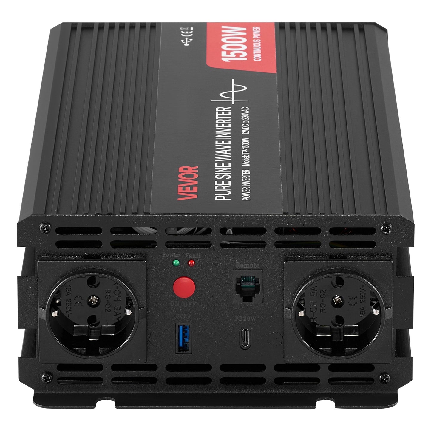 1500W Power Inverter, 12V DC to 230V AC Pure Sine Wave Inverter, Car Charger Converter with Remote Control, USB & Type-C Ports, 2 AC Outlets, Fast-charging for RV, Truck Outdoor Camping