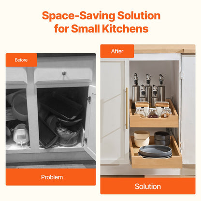 2 Tier Pull Out Cabinet Organizer, 14"W x 21"D Cabinet Drawer, Soft Close Slide out Shelf, Heavy-Duty Sliding Wood Drawer, Adjustable Base Cabinet Organization for Kitchen Pantry Bathroom