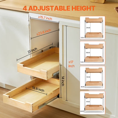 2 Tier Pull Out Cabinet Organizer, 14"W x 21"D Cabinet Drawer, Soft Close Slide out Shelf, Heavy-Duty Sliding Wood Drawer, Adjustable Base Cabinet Organization for Kitchen Pantry Bathroom