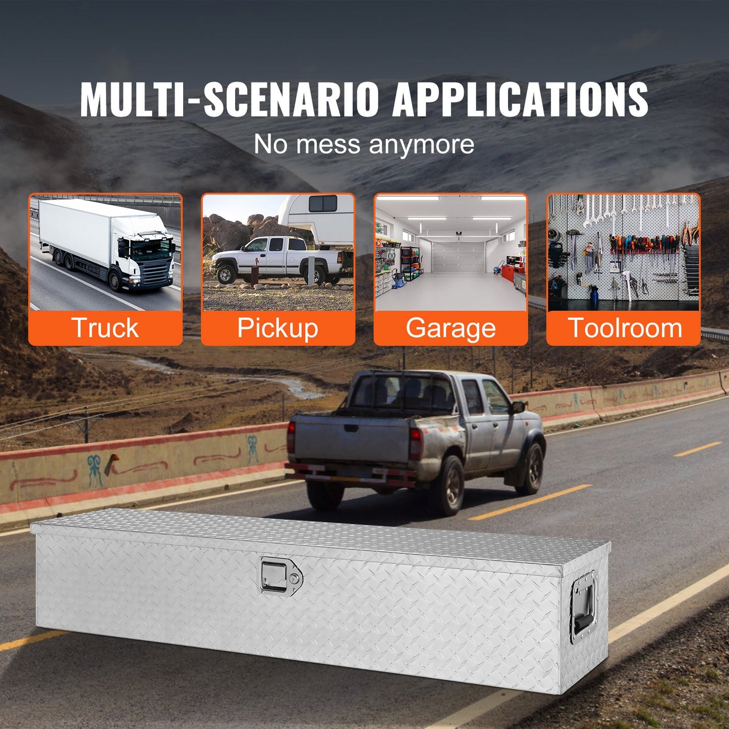 Heavy Duty Aluminum Truck Bed Tool Box, Diamond Plate Tool Box with Side Handle and Lock Keys, Storage Tool Box Chest Box Organizer for Pickup, Truck Bed, RV, Trailer, 121.9x38.1x38.1 cm, Silver