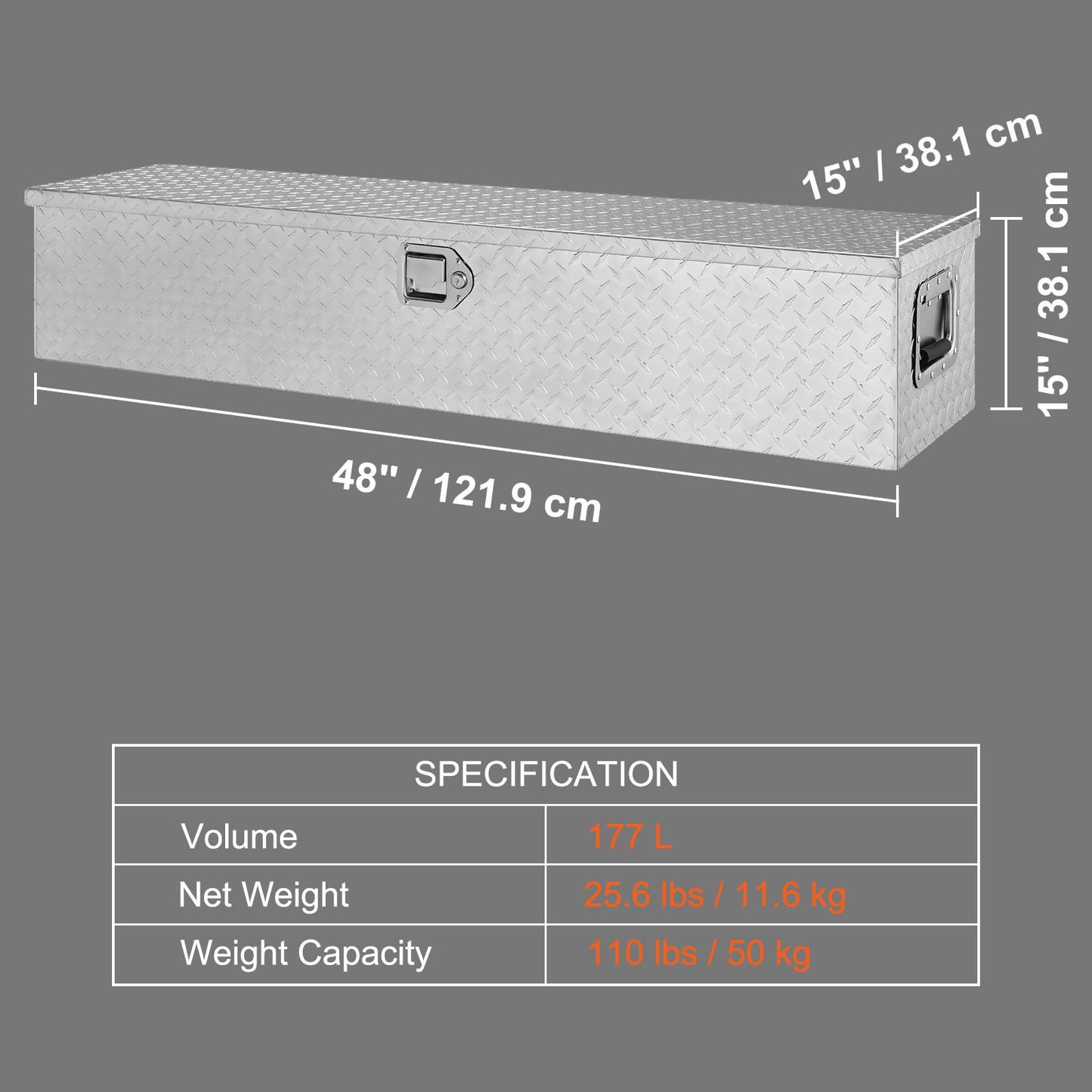 Heavy Duty Aluminum Truck Bed Tool Box, Diamond Plate Tool Box with Side Handle and Lock Keys, Storage Tool Box Chest Box Organizer for Pickup, Truck Bed, RV, Trailer, 121.9x38.1x38.1 cm, Silver