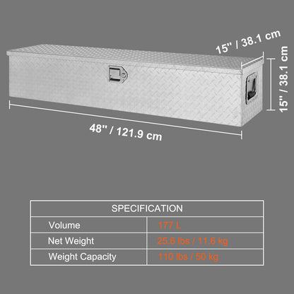 Heavy Duty Aluminum Truck Bed Tool Box, Diamond Plate Tool Box with Side Handle and Lock Keys, Storage Tool Box Chest Box Organizer for Pickup, Truck Bed, RV, Trailer, 121.9x38.1x38.1 cm, Silver