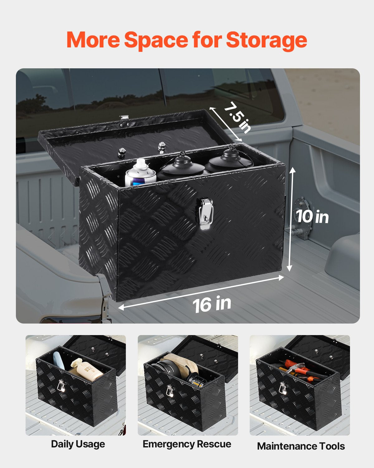 Robuste Werkzeugkiste aus Aluminium für LKW-Ladeflächen, gestreift, mit seitlichem und oberem Griff, Aufbewahrungskiste für Anhänger, Pickups und Wohnmobile, 406 x 190 x 254 mm (16 x 7,5 x 10 Zoll), Schwarz