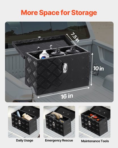 Robuste Werkzeugkiste aus Aluminium für LKW-Ladeflächen, gestreift, mit seitlichem und oberem Griff, Aufbewahrungskiste für Anhänger, Pickups und Wohnmobile, 406 x 190 x 254 mm (16 x 7,5 x 10 Zoll), Schwarz