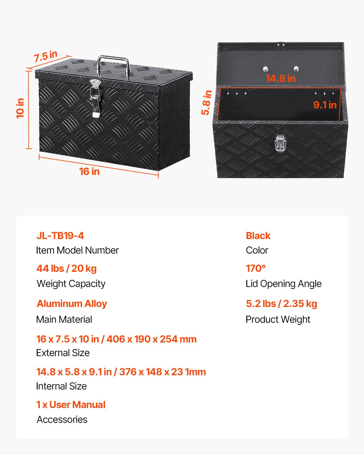 Robuste Werkzeugkiste aus Aluminium für LKW-Ladeflächen, gestreift, mit seitlichem und oberem Griff, Aufbewahrungskiste für Anhänger, Pickups und Wohnmobile, 406 x 190 x 254 mm (16 x 7,5 x 10 Zoll), Schwarz