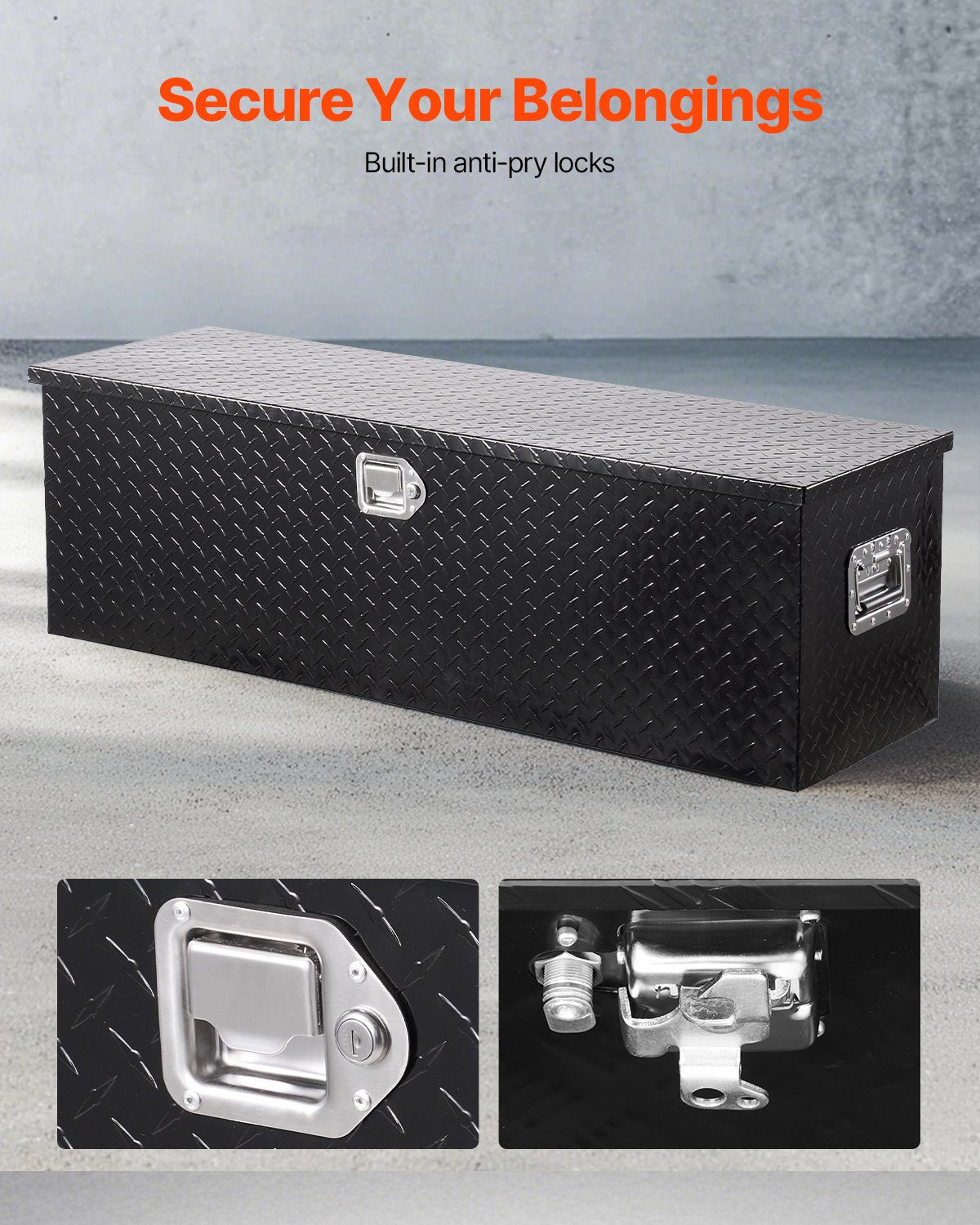 Robuste Werkzeugkiste aus Aluminium für LKW-Ladeflächen, Riffelblech-Werkzeugkiste mit seitlichem Griff und abschließbaren Schlüsseln, Aufbewahrungsbox für Anhänger, Pickups und Wohnmobile, 1244,6 x 381 x 381 mm (49" x 15" x 15"), Schwarz