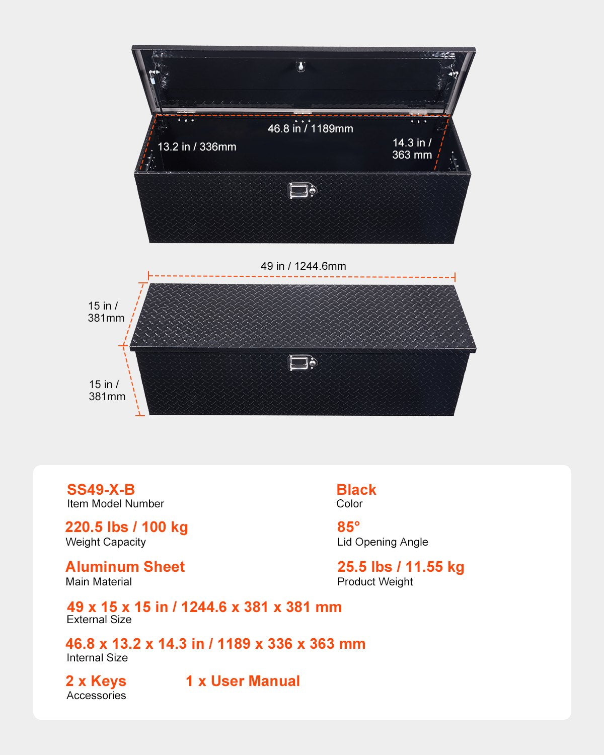 Robuste Werkzeugkiste aus Aluminium für LKW-Ladeflächen, Riffelblech-Werkzeugkiste mit seitlichem Griff und abschließbaren Schlüsseln, Aufbewahrungsbox für Anhänger, Pickups und Wohnmobile, 1244,6 x 381 x 381 mm (49" x 15" x 15"), Schwarz