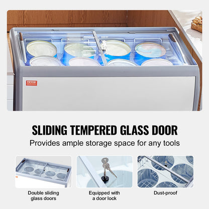 Commercial Ice Cream Display Case, 370 L Chest Freezer, Mobile Glass Top Deep Freezer, Restaurant Gelato Dipping Cabinet with 8 Large Tubs, 2 Sliding Glass Doors, Locking Casters, White