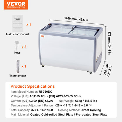 Commercial Ice Cream Display Case, 370 L Chest Freezer, Mobile Glass Top Deep Freezer, Restaurant Gelato Dipping Cabinet with 8 Large Tubs, 2 Sliding Glass Doors, Locking Casters, White