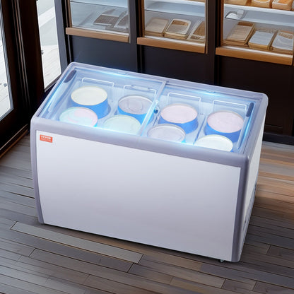 Commercial Ice Cream Display Case, 370 L Chest Freezer, Mobile Glass Top Deep Freezer, Restaurant Gelato Dipping Cabinet with 8 Large Tubs, 2 Sliding Glass Doors, Locking Casters, White