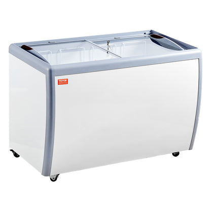Commercial Ice Cream Display Case, 370 L Chest Freezer, Mobile Glass Top Deep Freezer, Restaurant Gelato Dipping Cabinet with 8 Large Tubs, 2 Sliding Glass Doors, Locking Casters, White