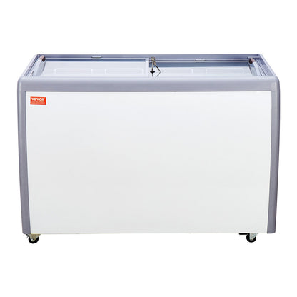 Commercial Ice Cream Display Case, 370 L Chest Freezer, Mobile Glass Top Deep Freezer, Restaurant Gelato Dipping Cabinet with 8 Large Tubs, 2 Sliding Glass Doors, Locking Casters, White