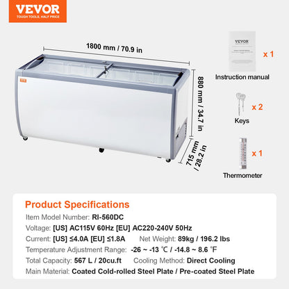 Gewerbliche Eiscreme-Vitrine, 567-Liter-Gefriertruhe, mobiler Tiefkühlschrank mit Glasdeckel, Eiscreme-Auslage für Restaurants mit 12 großen Behältern, 2 Glasschiebetüren, feststellbaren Rollen, weiß