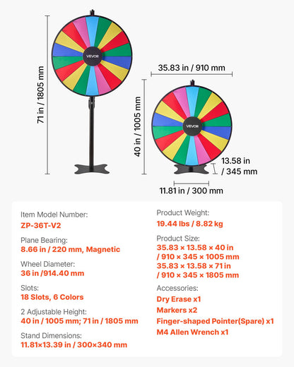 914 mm Spinning Prize Wheel, 18 Slots Spinning Wheel with Stand, Adjustable Height Win Fortune Roulette with a Dry Erase and 2 Markers, 6 Colors, Easy Assembly, for Party Pub Trade Show Carnival