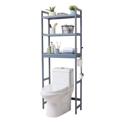 Over the Toilet Storage, 3-Tier Adjustable Over Toilet Bathroom Organizer, Bamboo Storage Shelf Rack with 3 Hooks, Freestanding Easy Assembly Laundry Space Saver, Fit Most Toilets, Gray