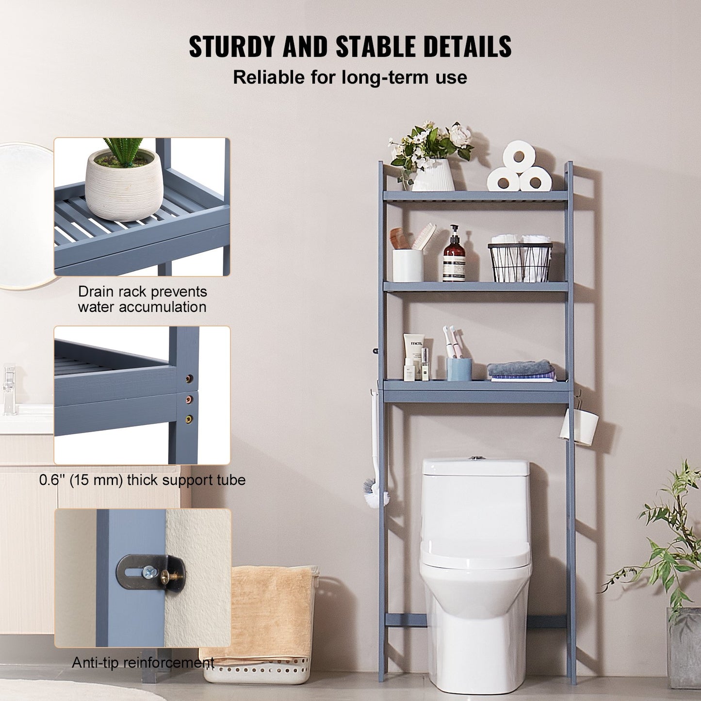 Over the Toilet Storage, 3-Tier Adjustable Over Toilet Bathroom Organizer, Bamboo Storage Shelf Rack with 3 Hooks, Freestanding Easy Assembly Laundry Space Saver, Fit Most Toilets, Gray