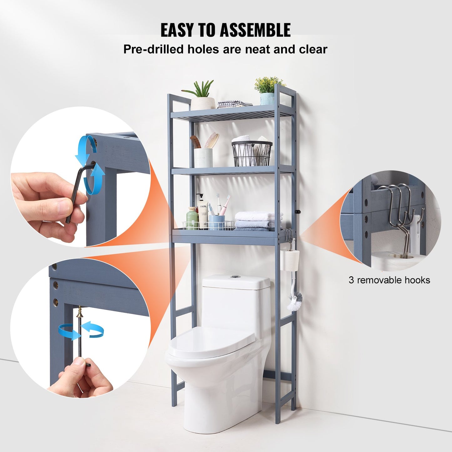 Over the Toilet Storage, 3-Tier Adjustable Over Toilet Bathroom Organizer, Bamboo Storage Shelf Rack with 3 Hooks, Freestanding Easy Assembly Laundry Space Saver, Fit Most Toilets, Gray