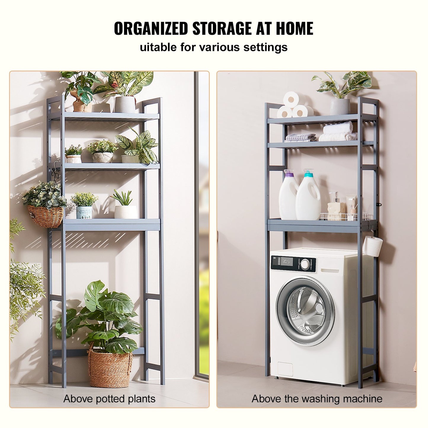 Over the Toilet Storage, 3-Tier Adjustable Over Toilet Bathroom Organizer, Bamboo Storage Shelf Rack with 3 Hooks, Freestanding Easy Assembly Laundry Space Saver, Fit Most Toilets, Gray