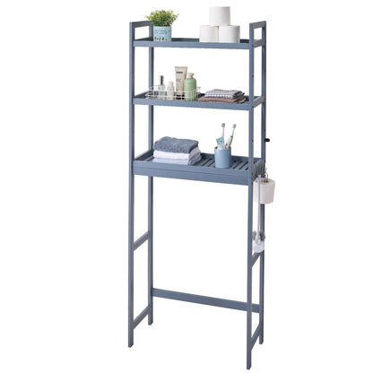 Over the Toilet Storage, 3-Tier Adjustable Over Toilet Bathroom Organizer, Bamboo Storage Shelf Rack with 3 Hooks, Freestanding Easy Assembly Laundry Space Saver, Fit Most Toilets, Gray