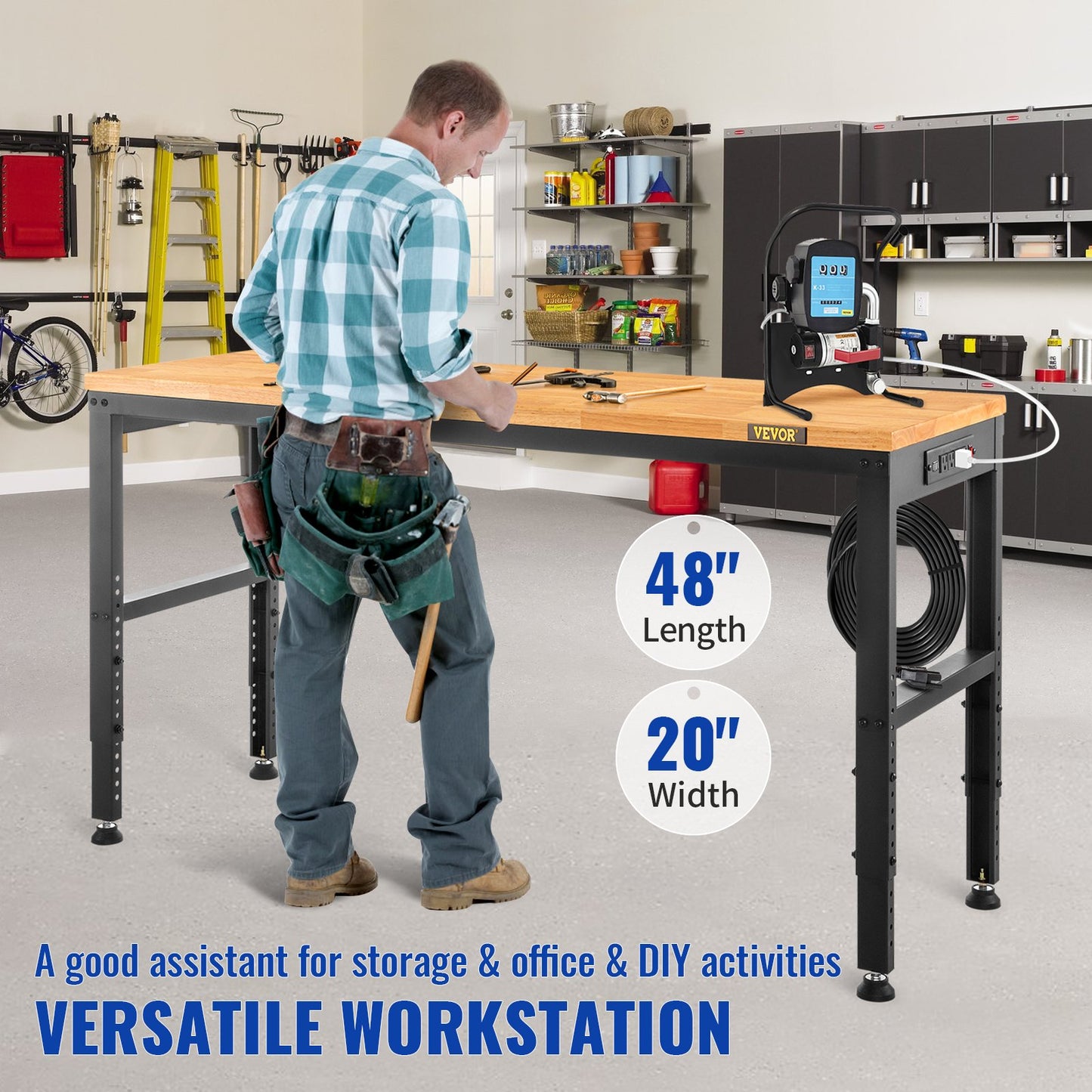 Adjustable Height Workbench 121.9 cm L x 50.8 cm W Work Bench Table with Power Outlet