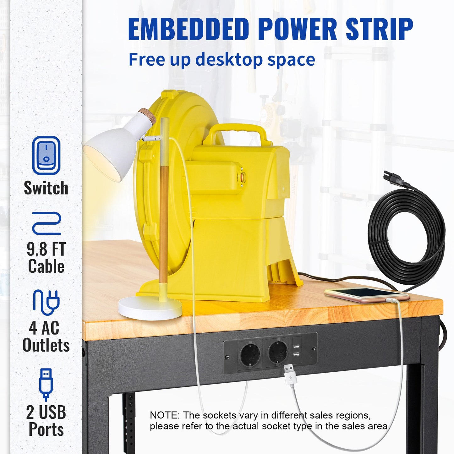 Adjustable Height Workbench 121.9 cm L x 50.8 cm W Work Bench Table with Power Outlet