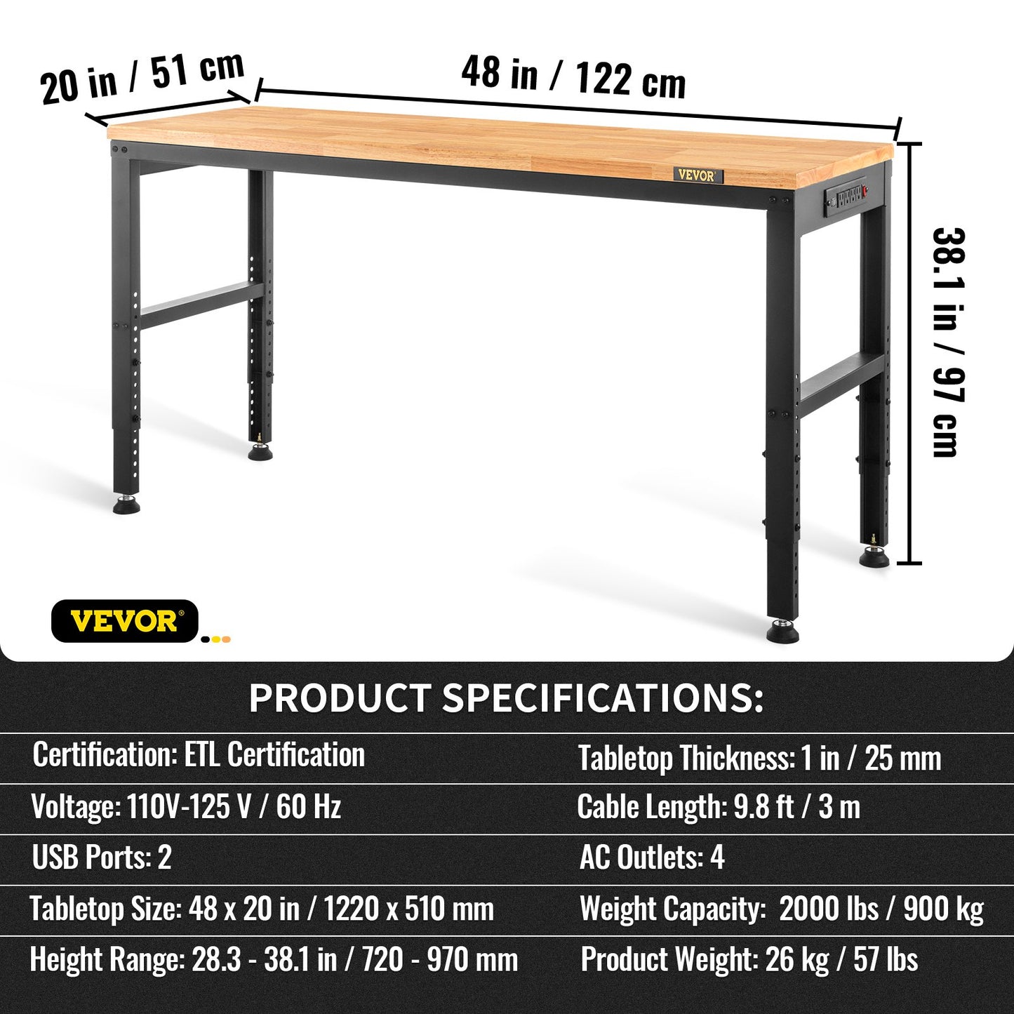 Adjustable Height Workbench 121.9 cm L x 50.8 cm W Work Bench Table with Power Outlet