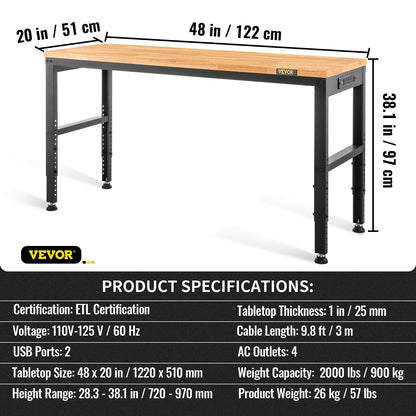 Adjustable Height Workbench 121.9 cm L x 50.8 cm W Work Bench Table with Power Outlet