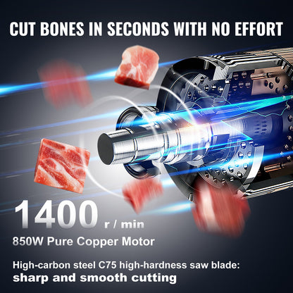 Elektrische Fleischsäge, 850 W, Edelstahl, vertikaler Schneidkopf, 48,5 x 38,1 cm Arbeitsfläche, 18 cm Schnittstärke, inklusive 5 Klingen zum Schneiden von gefrorenem Fleisch, Schweinefleisch, Rindfleisch und Rippchen