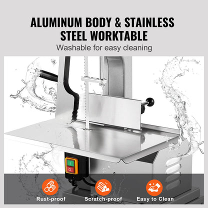 Elektrische Fleischsäge, 850 W, Edelstahl, vertikaler Schneidkopf, 48,5 x 38,1 cm Arbeitsfläche, 18 cm Schnittstärke, inklusive 5 Klingen zum Schneiden von gefrorenem Fleisch, Schweinefleisch, Rindfleisch und Rippchen