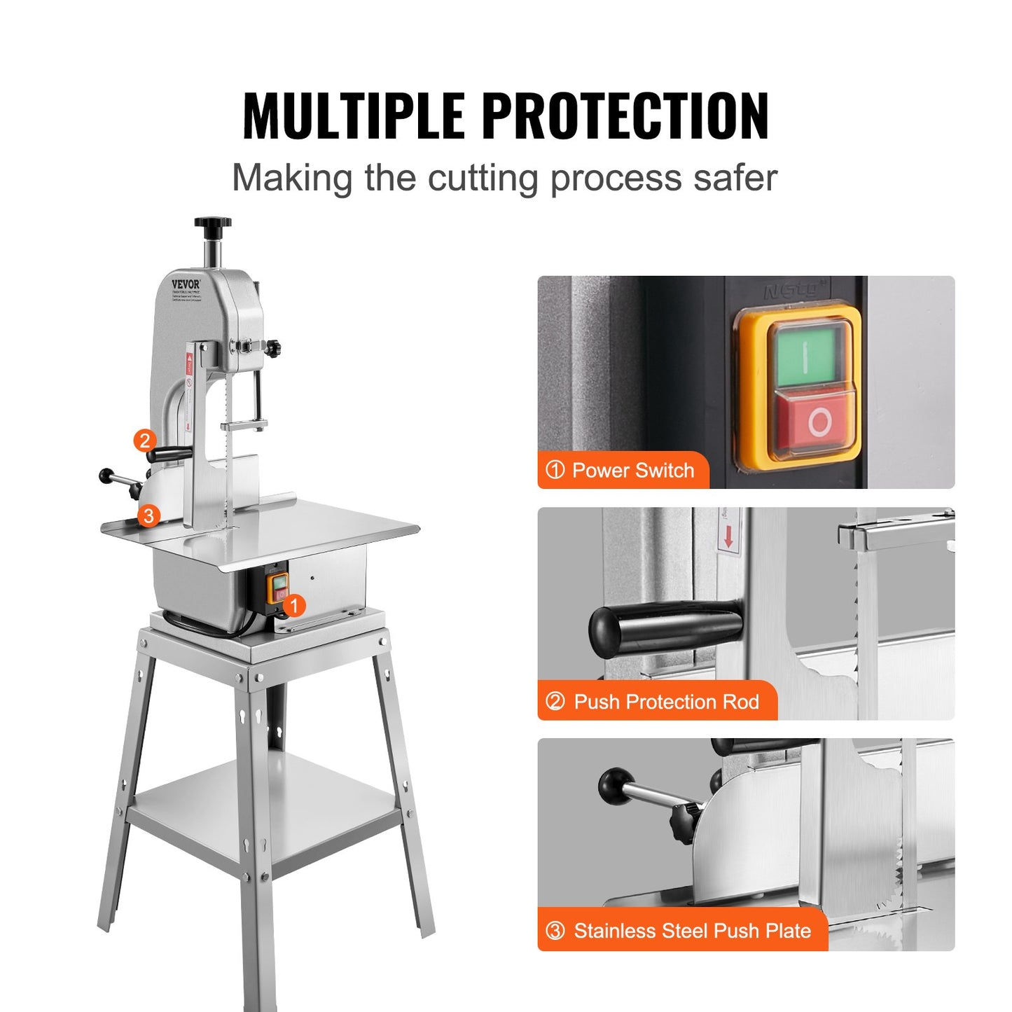 Elektrische Fleischsäge, 850 W, Edelstahl, vertikaler Schneidkopf, 48,5 x 38,1 cm Arbeitsfläche, 18 cm Schnittstärke, inklusive 5 Klingen zum Schneiden von gefrorenem Fleisch, Schweinefleisch, Rindfleisch und Rippchen