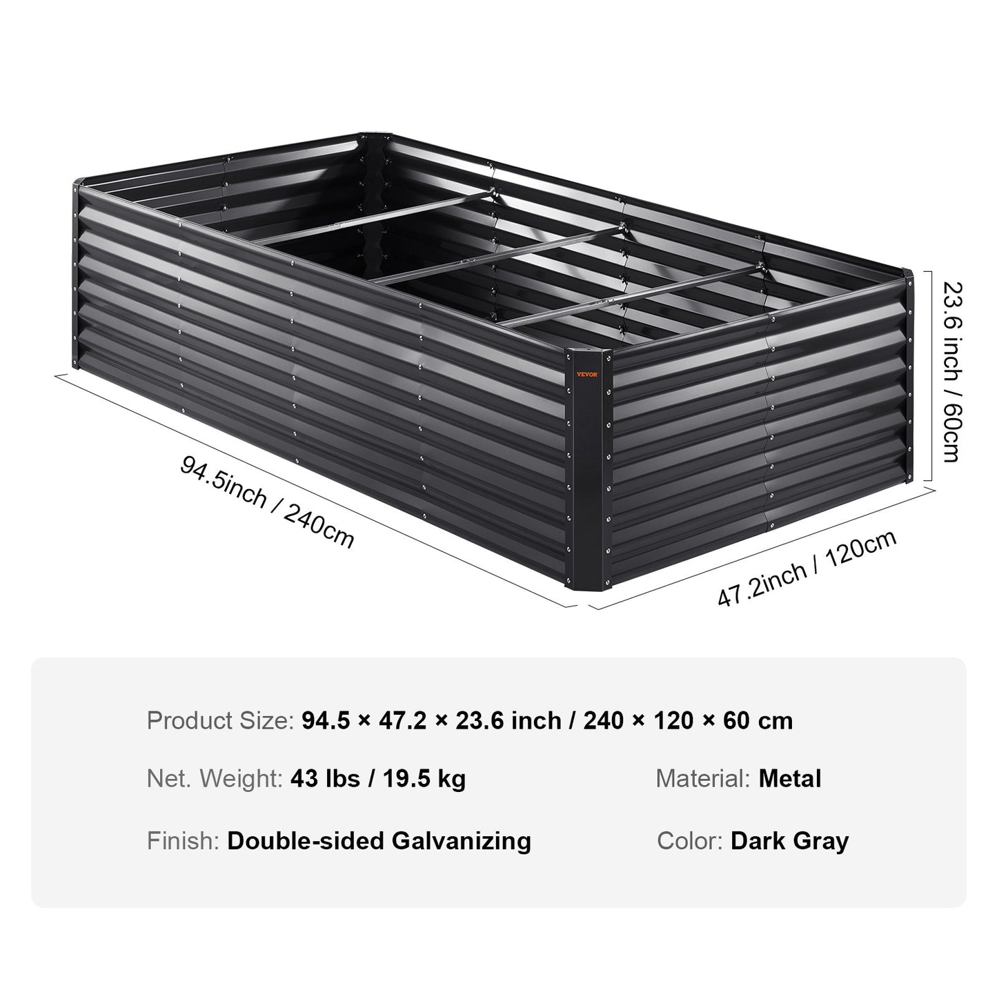 Raised Garden Bed,94.5x 47.2 x 23.6 inch Galvanized Metal Planter Box, Outdoor Planting Boxes with Open Base, for Growing Flowers/Vegetables/Herbs in Backyard/Garden/Patio/Balcony, Dark Gray