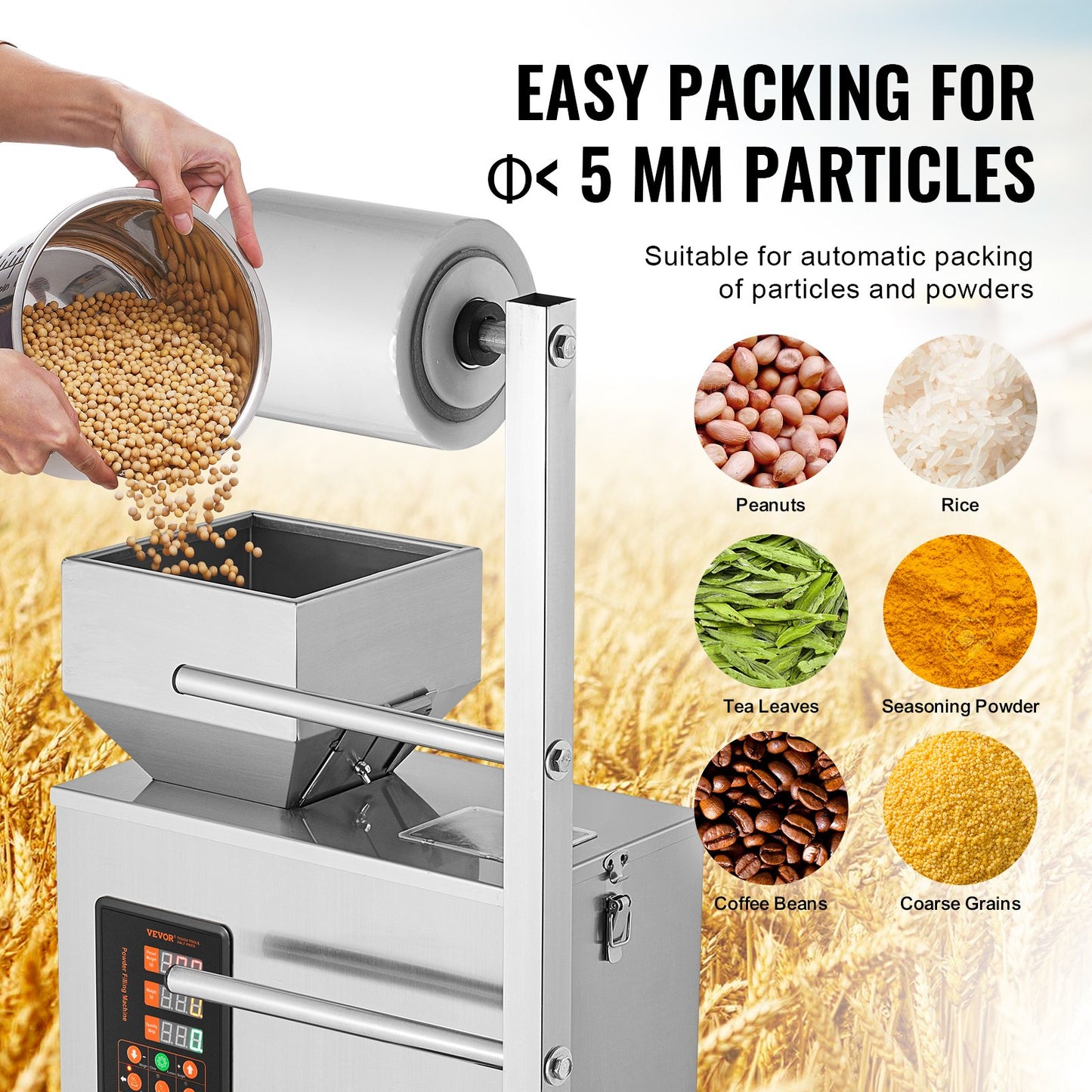 Automatic Particle Packaging Machine, 0.002-0.22lbs/1-100g, Multi-Function Pouch Powder Sachet Weighting Filling Packing Machine, Powder Filler Machine for Tea Seeds Grains Flour Beans Glitter