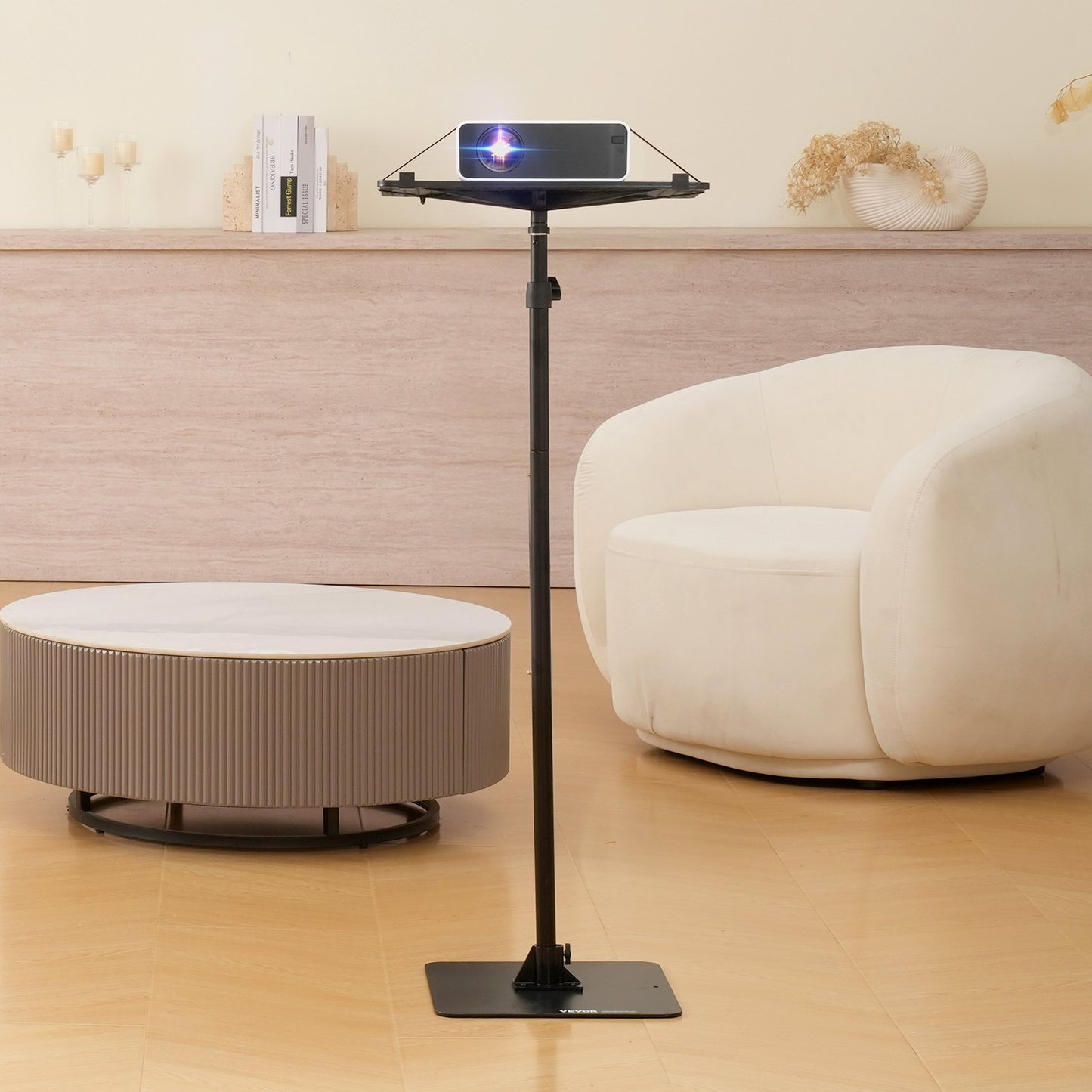 Projector Stand, Projector Floor Stand Adjustable Height from 30.3 to 63.4 in, Projector Mount with Tray, Ideal for Outdoor Movies, Home, Office, Stage and Studio, Black