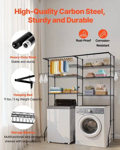 Over Washer and Dryer Storage Shelves, 6 Tiers Laundry Room Drying Rack with Hanger Rod and Hooks, Two Rows Adjustable Washer Shelves Space Saver, for Laundry Room Storage & Organization, Black
