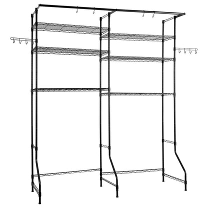 Over Washer and Dryer Storage Shelves, 6 Tiers Laundry Room Drying Rack with Hanger Rod and Hooks, Two Rows Adjustable Washer Shelves Space Saver, for Laundry Room Storage & Organization, Black