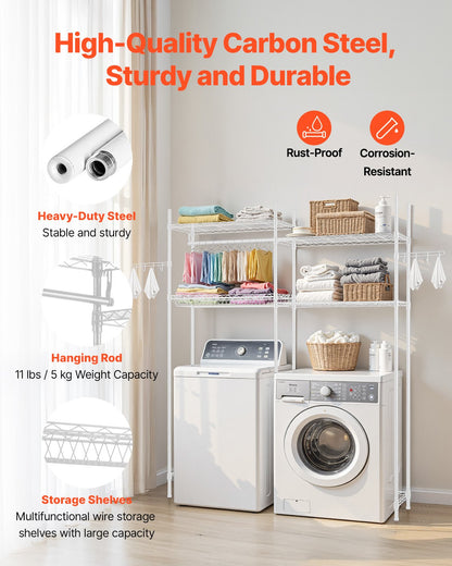 Over Washer and Dryer Storage Shelves, 4 Tiers Laundry Room Drying Rack with Hanger Rod and Hooks, Two Rows Adjustable Washer Shelves Space Saver, for Laundry Room Storage & Organization, White