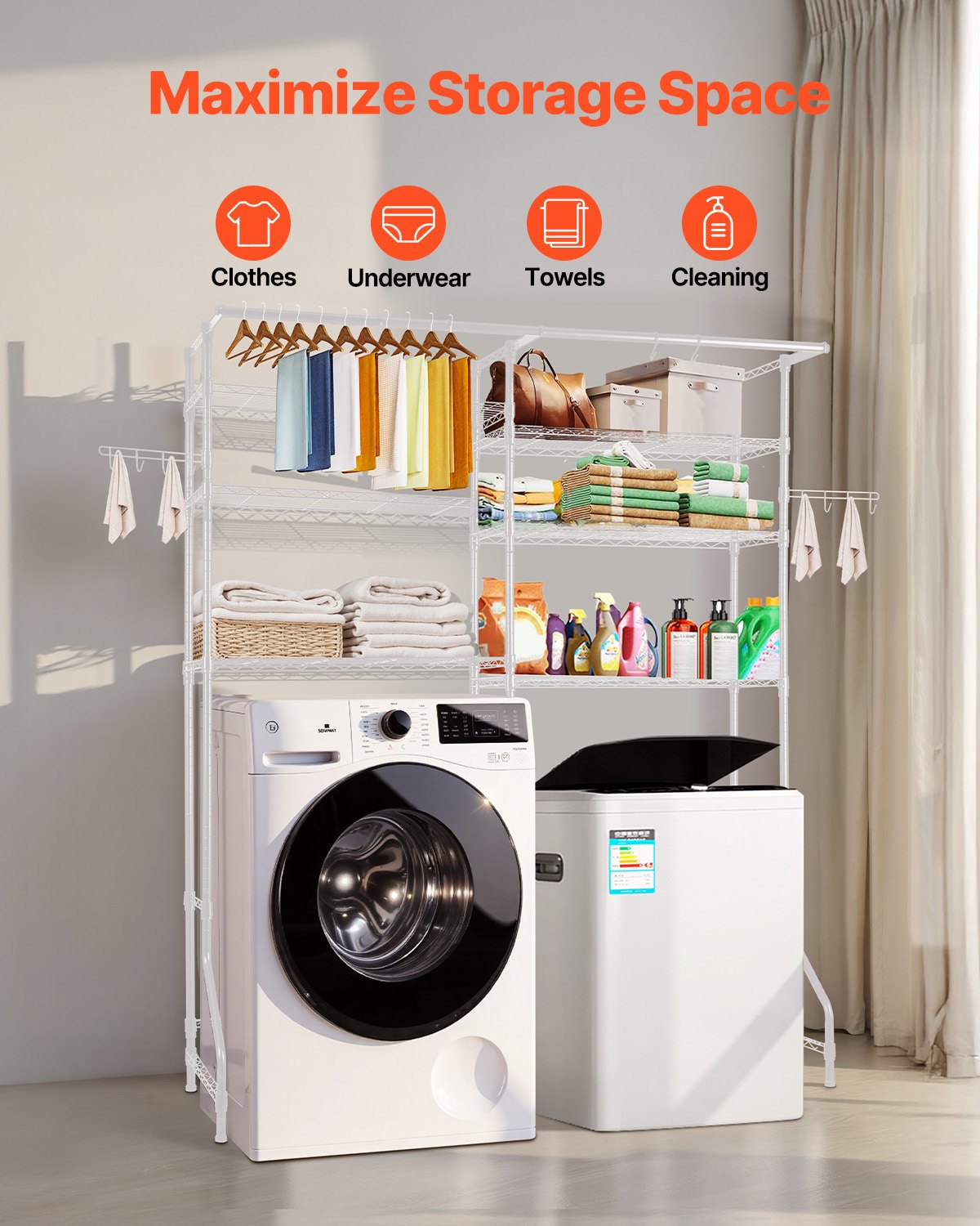 Ablageflächen über Waschmaschine und Trockner, 6-stufiger Wäscheständer mit Kleiderstange und Haken, zwei Reihen verstellbarer Waschmaschinenablagen, platzsparend, für mehr Stauraum und Ordnung im Waschraum, Weiß