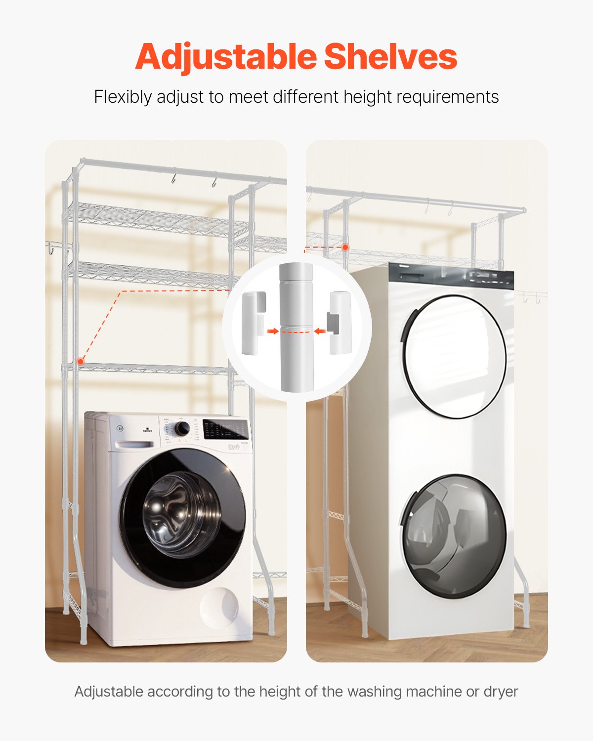 Ablageflächen über Waschmaschine und Trockner, 6-stufiger Wäscheständer mit Kleiderstange und Haken, zwei Reihen verstellbarer Waschmaschinenablagen, platzsparend, für mehr Stauraum und Ordnung im Waschraum, Weiß
