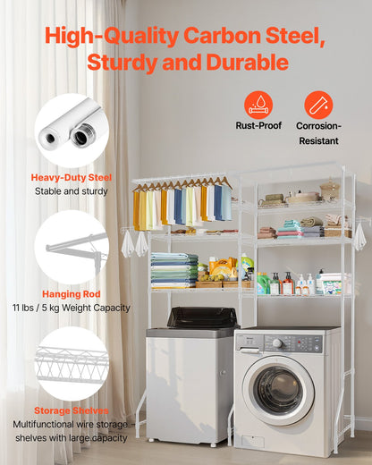 Ablageflächen über Waschmaschine und Trockner, 6-stufiger Wäscheständer mit Kleiderstange und Haken, zwei Reihen verstellbarer Waschmaschinenablagen, platzsparend, für mehr Stauraum und Ordnung im Waschraum, Weiß