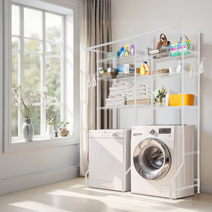 Ablageflächen über Waschmaschine und Trockner, 6-stufiger Wäscheständer mit Kleiderstange und Haken, zwei Reihen verstellbarer Waschmaschinenablagen, platzsparend, für mehr Stauraum und Ordnung im Waschraum, Weiß