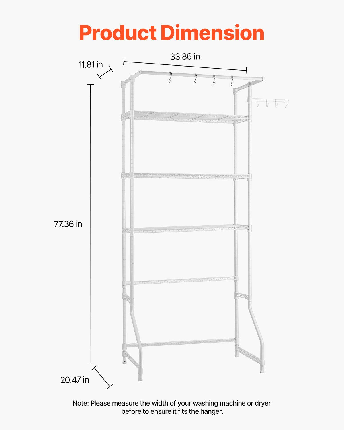 Over Washer and Dryer Storage Shelf, 3 Tiers Laundry Room Drying Rack with Hanger Rod and Hooks, Single Row Adjustable Washer Shelves Space Saver, for Laundry Room Storage & Organization, White