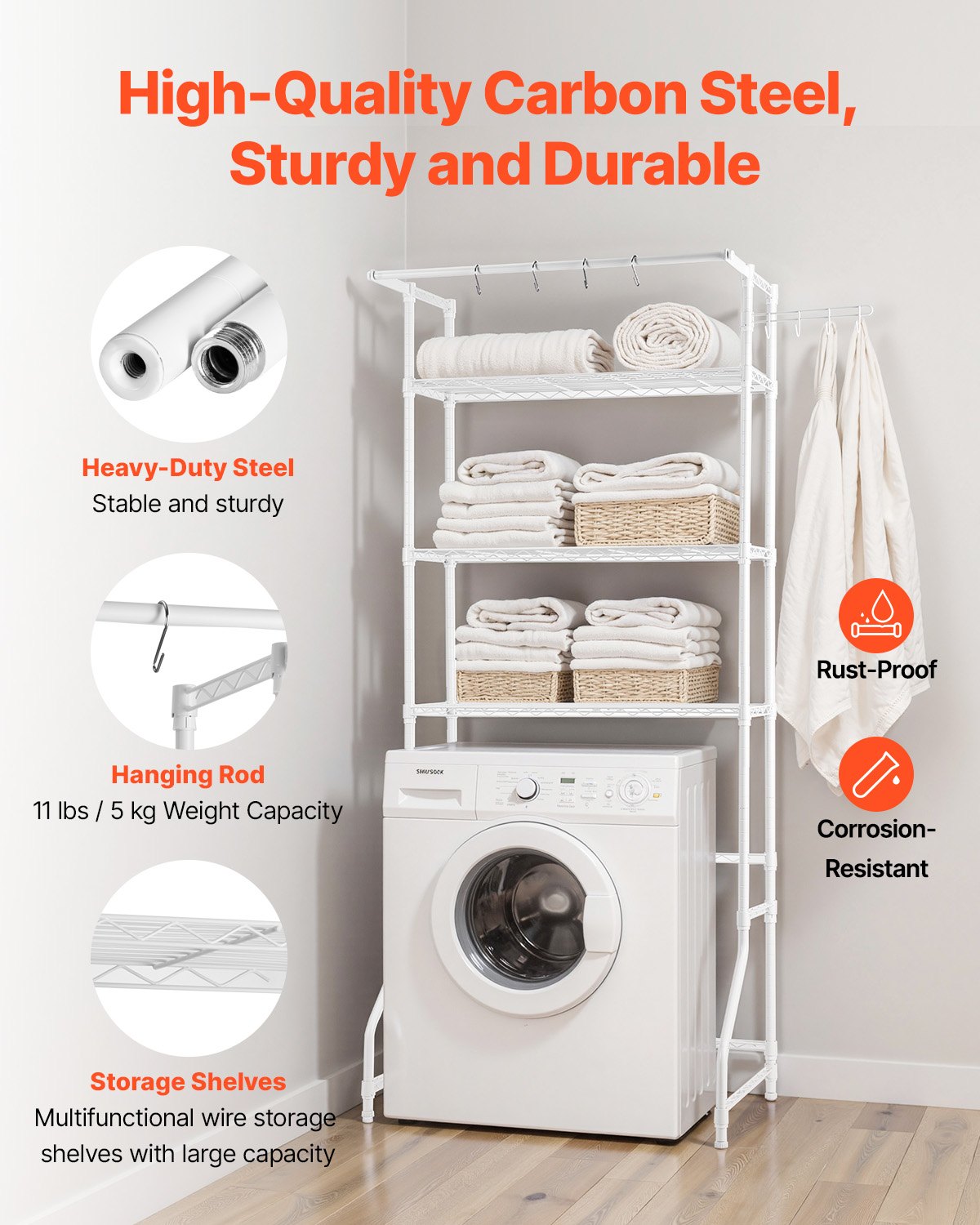 Over Washer and Dryer Storage Shelf, 3 Tiers Laundry Room Drying Rack with Hanger Rod and Hooks, Single Row Adjustable Washer Shelves Space Saver, for Laundry Room Storage & Organization, White