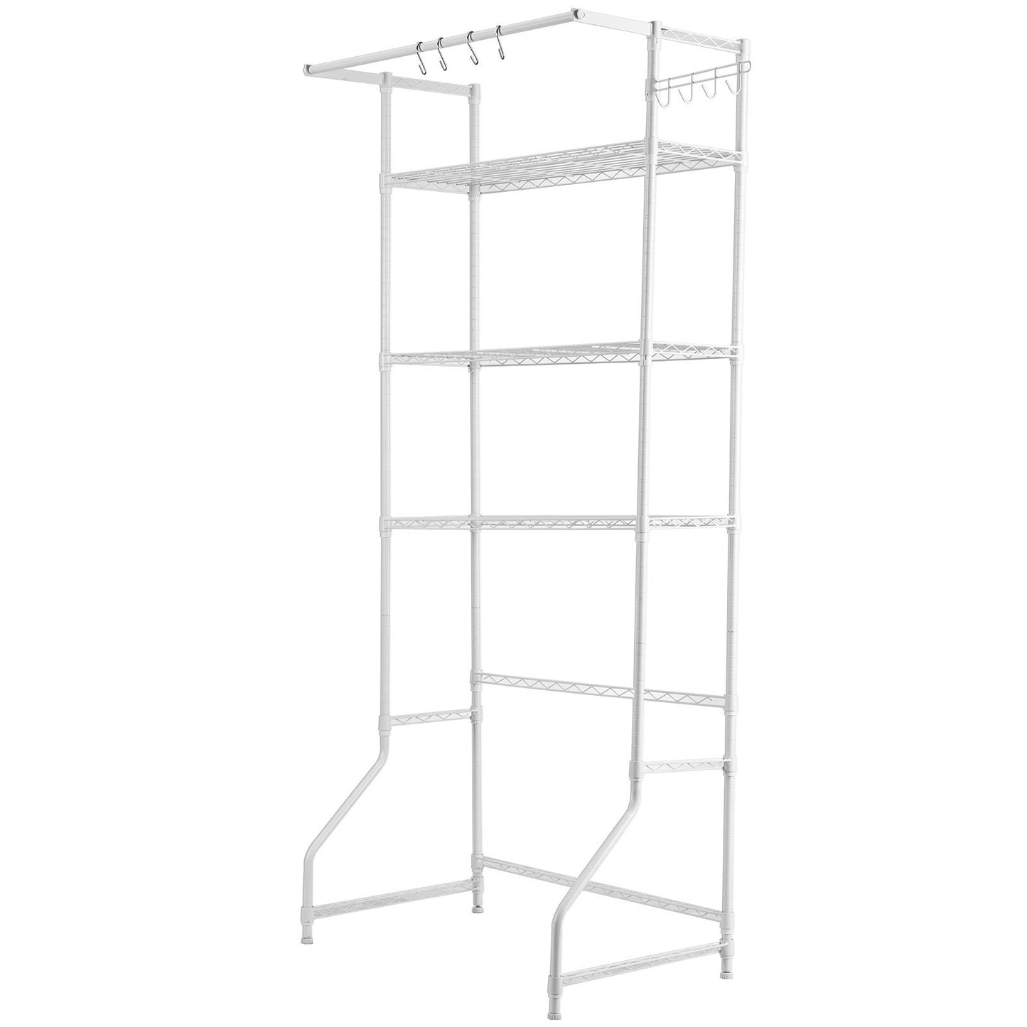 Over Washer and Dryer Storage Shelf, 3 Tiers Laundry Room Drying Rack with Hanger Rod and Hooks, Single Row Adjustable Washer Shelves Space Saver, for Laundry Room Storage & Organization, White