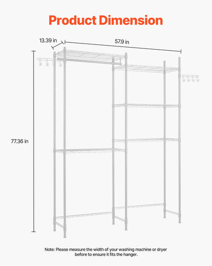 Over Washer and Dryer Storage Shelves, 5 Tiers Laundry Room Drying Rack with Hanger Rod and Hooks, Two Rows Adjustable Washer Shelves Space Saver, for Laundry Room Storage & Organization, White