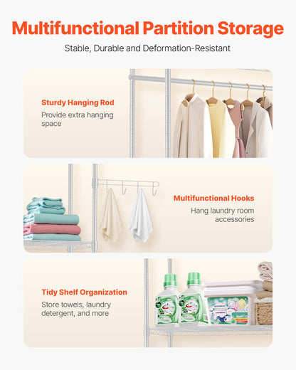 Over Washer and Dryer Storage Shelves, 5 Tiers Laundry Room Drying Rack with Hanger Rod and Hooks, Two Rows Adjustable Washer Shelves Space Saver, for Laundry Room Storage & Organization, White