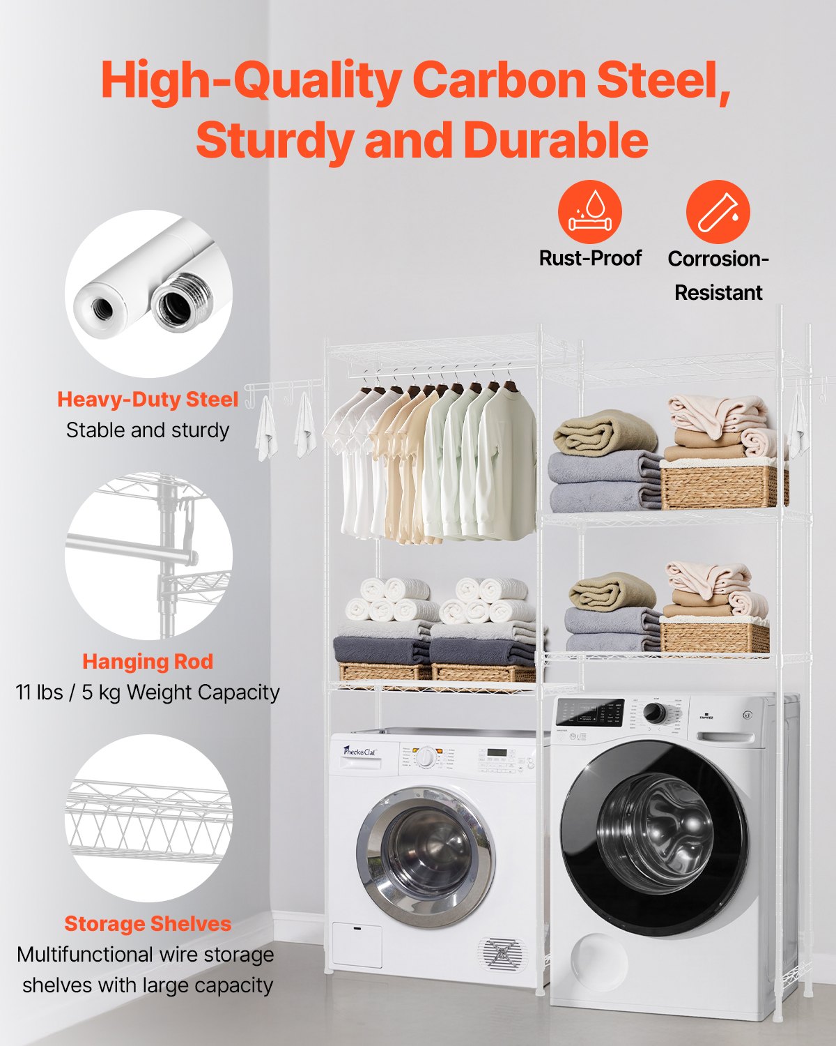 Over Washer and Dryer Storage Shelves, 5 Tiers Laundry Room Drying Rack with Hanger Rod and Hooks, Two Rows Adjustable Washer Shelves Space Saver, for Laundry Room Storage & Organization, White