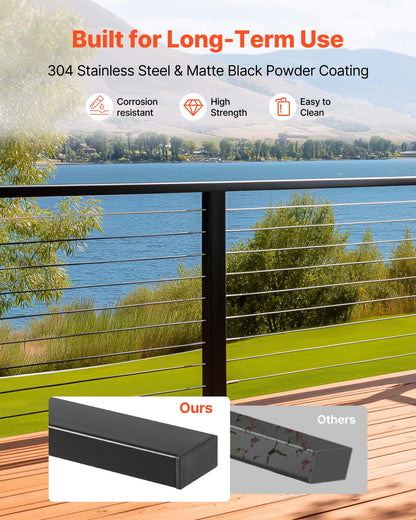 4er-Pack Edelstahl-Handlauf, 198 cm, rechteckiger Treppengeländer für Außen- und Innentreppen mit Endkappe, mattschwarz beschichtet, verstellbar, für Kabelgeländer-Sets