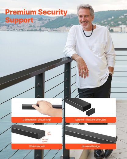 4er-Pack Edelstahl-Handlauf, 198 cm, rechteckiger Treppengeländer für Außen- und Innentreppen mit Endkappe, mattschwarz beschichtet, verstellbar, für Kabelgeländer-Sets